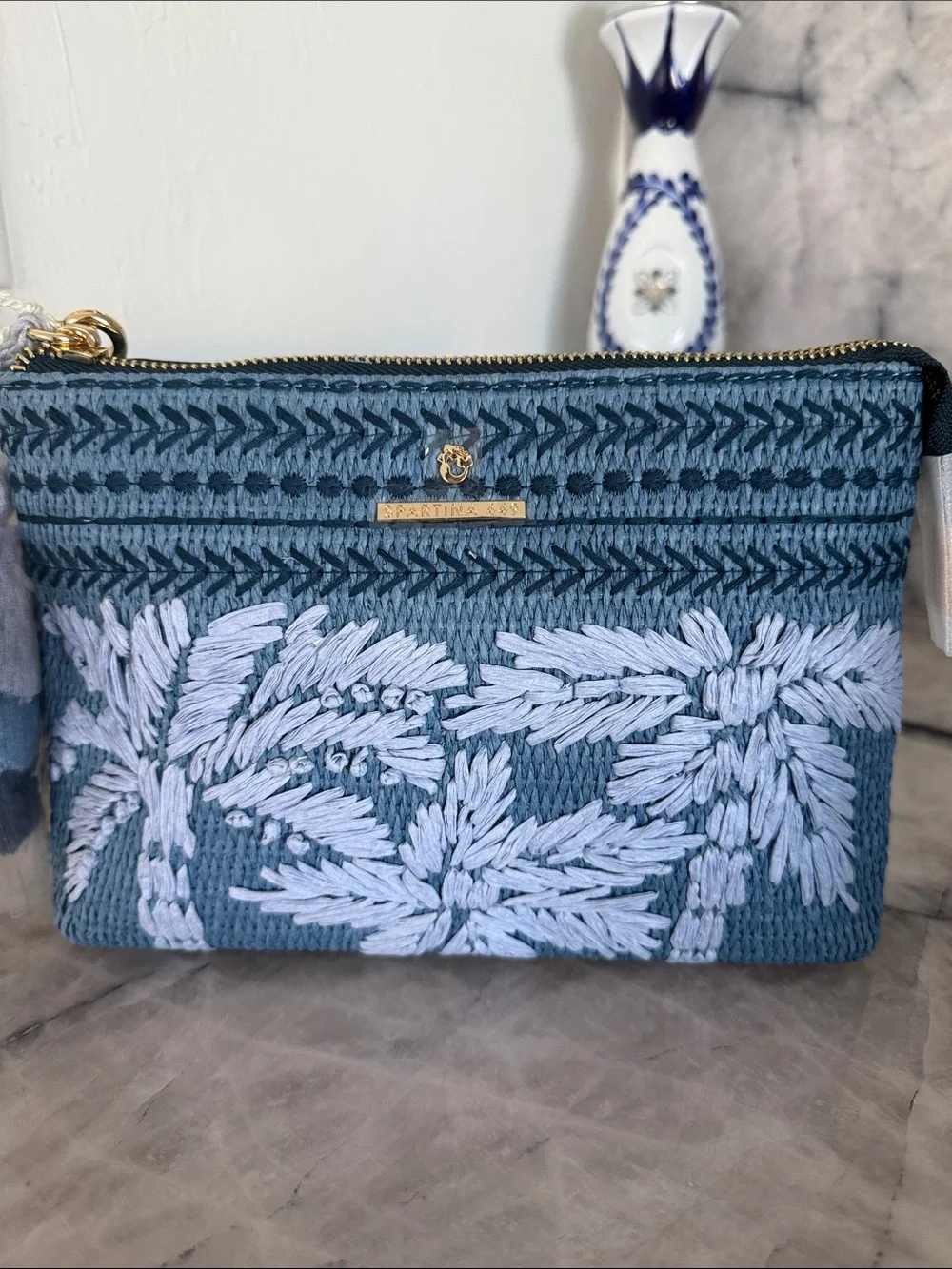 Spartina Maci Wristlet Ogeechee Blue Palm NWT